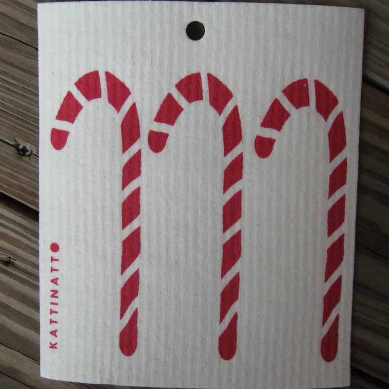 Swedish screen printed dishwashing sponge/ dish cloth "Candy Canes"