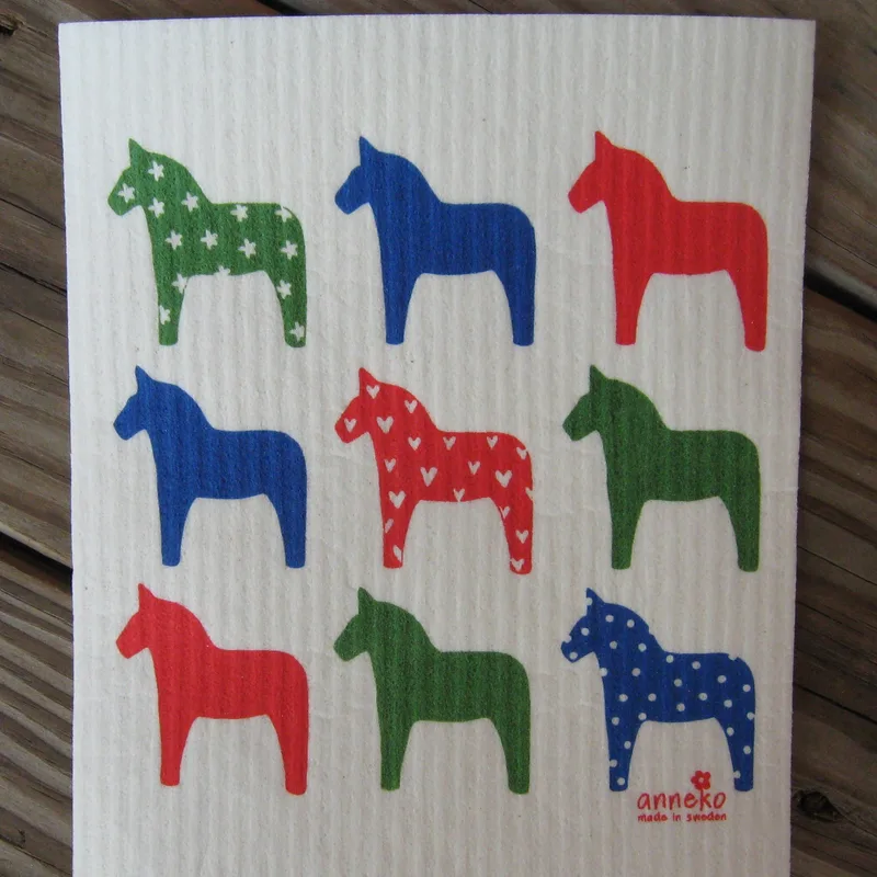 Swedish screen printed dishwashing sponge/ dish cloth "Multicolored Dala Horses"