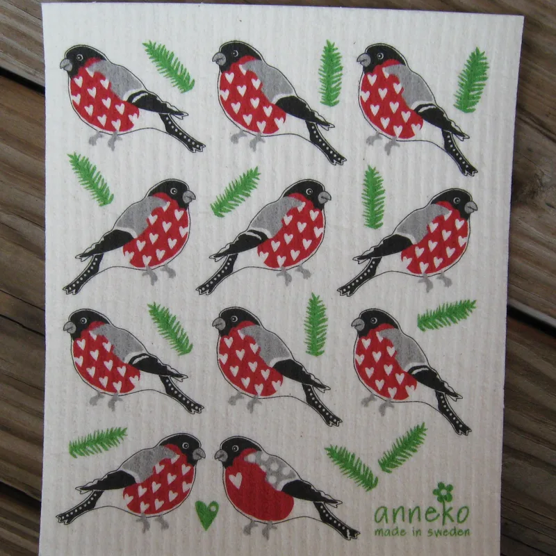 Swedish screen printed dishwashing sponge/ dish cloth "Domherrar" (11 bullfinches)