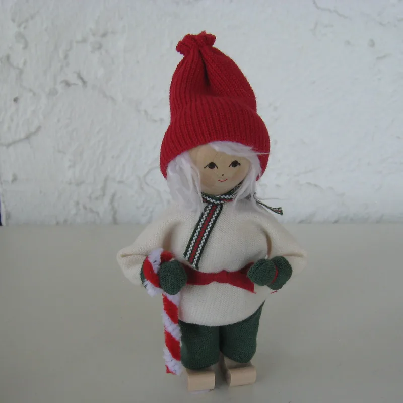 Tomte, white and green, with candy cane, 5" tall, Butticki of Sweden