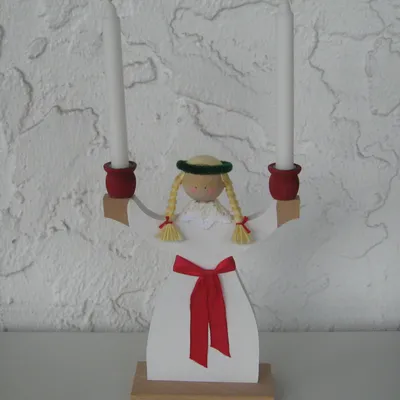 Lucia Candleholder, painted wood, 11" tall, includes candles, made in Sweden