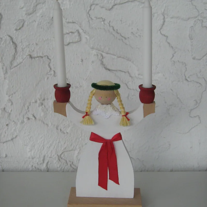 Lucia Candleholder, painted wood, 11" tall, includes candles, made in Sweden