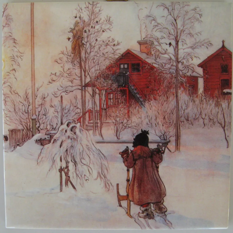 Swedish ceramic tile, "Yard in Winter", 6" x 6", cork back, hanger
