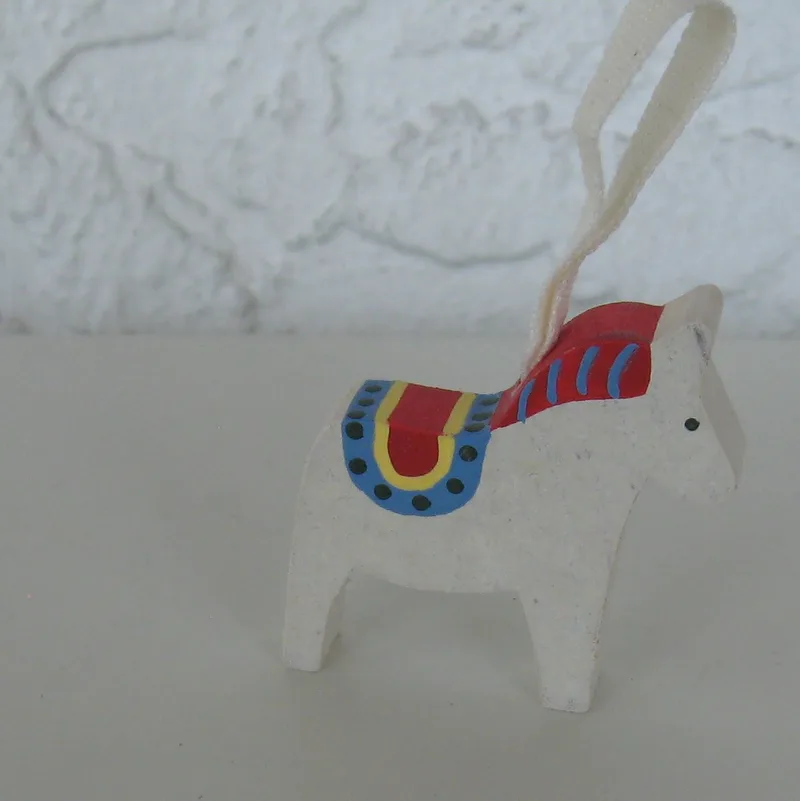 Dala Horse ornament red, yellow blue, white  2" wood  Made in Sweden