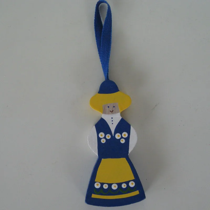 Folk dress ornament  Girl in Swedish National costume 3" wood  Made in Sweden