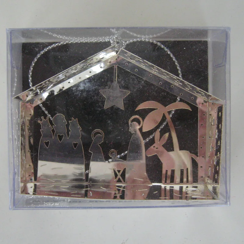 Nativity scene silver metal ornament 2.5" x 2"  Made in Sweden