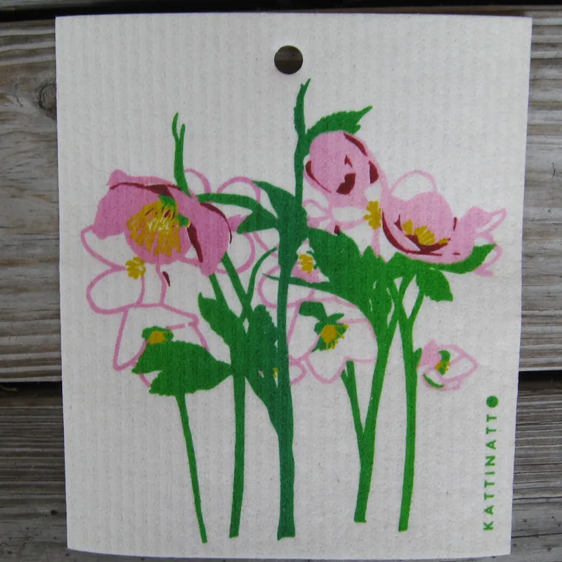Swedish screen printed dish washing sponge/cloth "Helleboros"  73/4" x 63/4" Kattinatt of Sweden