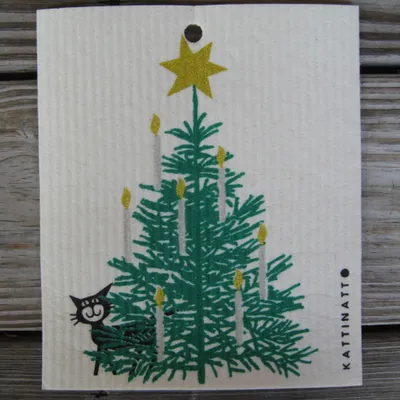 Swedish screen Swedish screen printed dish washing sponge/cloth "Christmas tree w/cat"  73/4" x 63/4" Kattinatt of Sweden