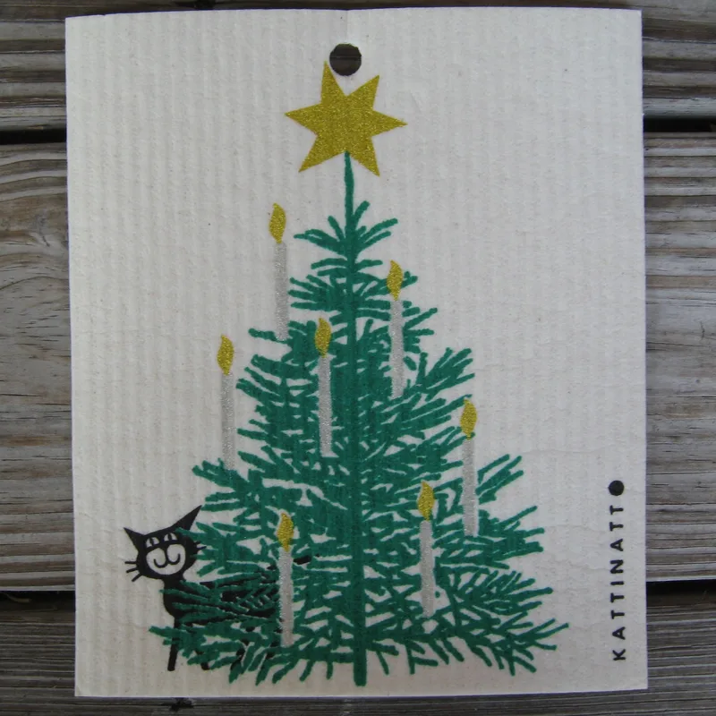 Swedish screen Swedish screen printed dish washing sponge/cloth "Christmas tree w/cat"  73/4" x 63/4" Kattinatt of Sweden