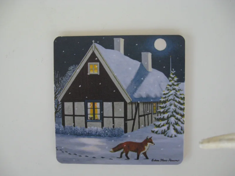 Christmas coaster wtih "Fox" motif by Erkers Marie Persson, 3.5" x 3.5", cork laminated  2 left