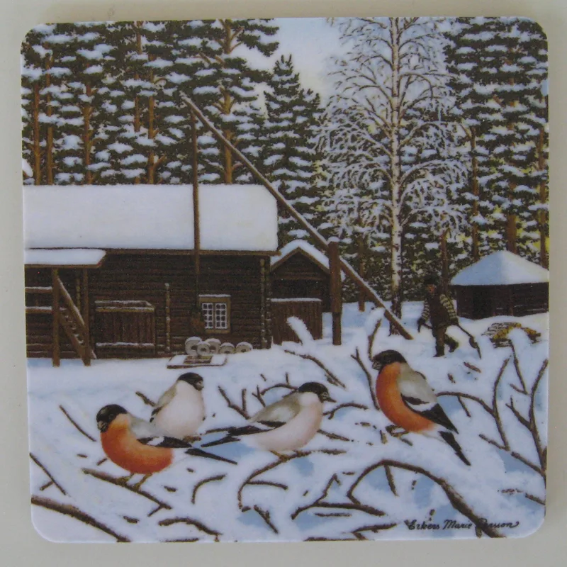 Christmas coaster with "Domherrar" motif by Erkers Marie Persson, 3.5" x 3.5", cork laminated, made in Sweden   2 left