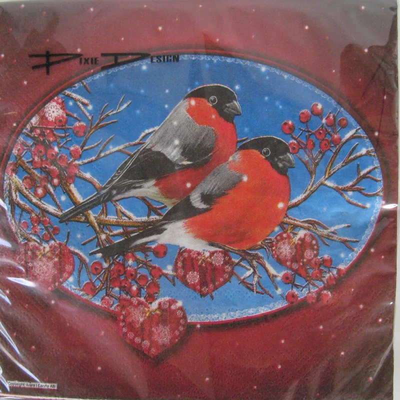 Christmas luncheon napkins with "Domherrar (Bullfinches) on blue/red background,, 3-ply, 20/pkg  6 left