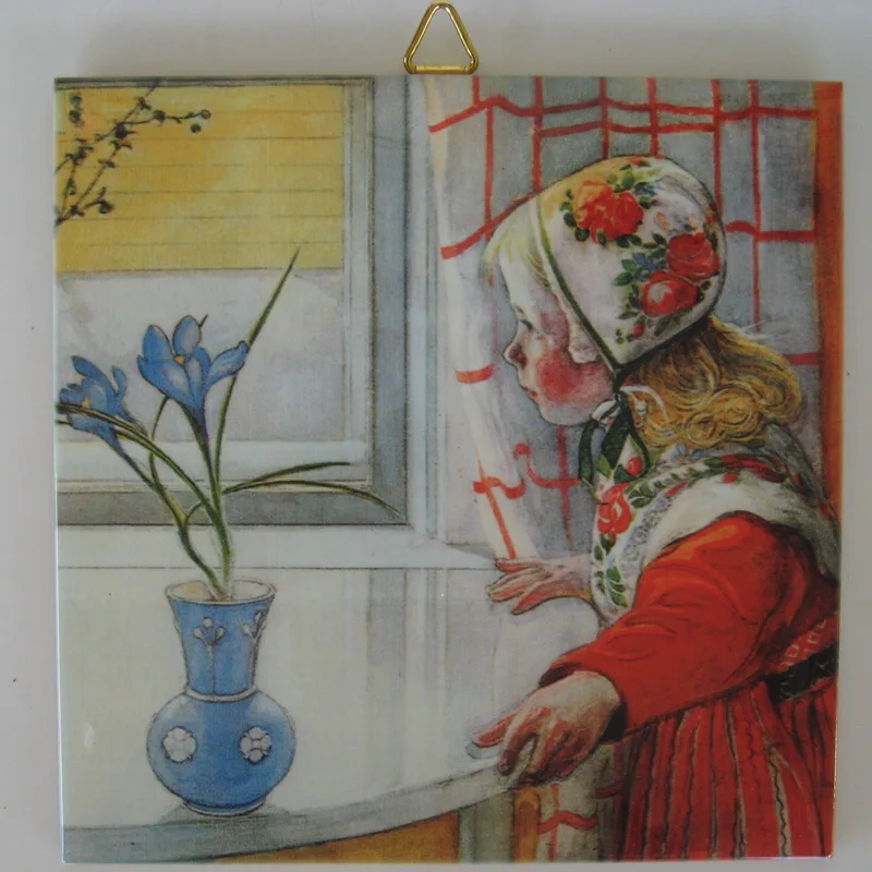 Carl Larsson "Karin at the Window" tile w/cork backing & hanger 6" x 6"