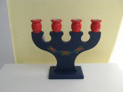 4 Arm Blue Wood Candleholder: "Lingonberries" 9"x10" Made in Sweden