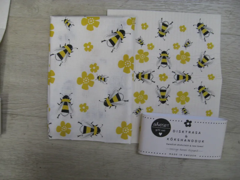 Gift Set: Swedish dish cloth (8" x 7") & tea towel (27" x 19") "Bees" Made in Sweden by Anneko