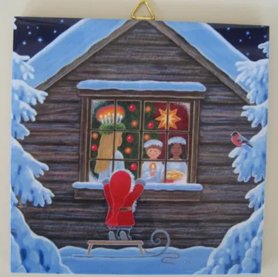 "Lucia in the cabin" 6"x6" ceramic tile, cork backing,w/hook on back
