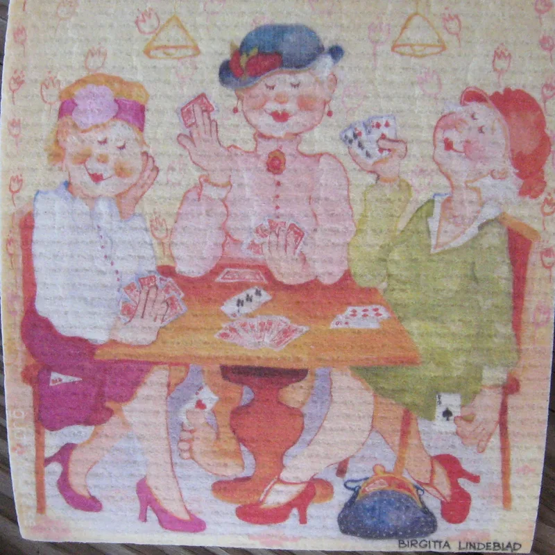 Swedish screen printed dish washing cloth/sponge "Card Sharks" Birgitta Lindeblad 7"x 73/4"