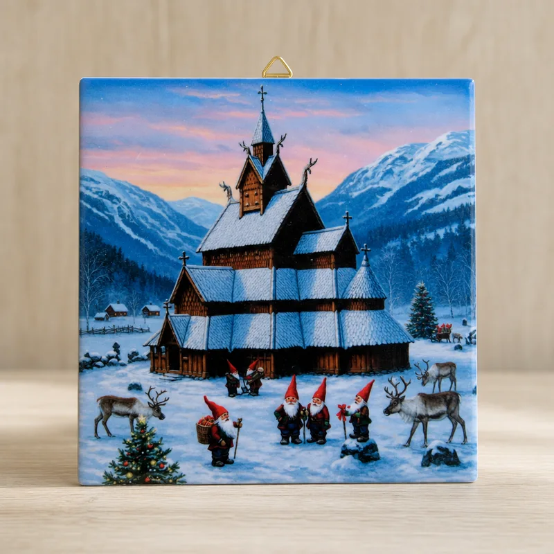 "Stave Church" ceramic tile 6" x 6", cork backing, hook