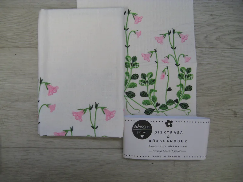 Gift Set: Swedish dish cloth (8" x 7") & tea towel (27" x 19")  "Linnea flowers" Made in Sweden by Anneko
