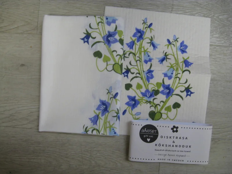 Gift Set: Swedish dish cloth (8" x 7") & tea towel (27" x 19") "blue bells" Made in Sweden by Anneko
