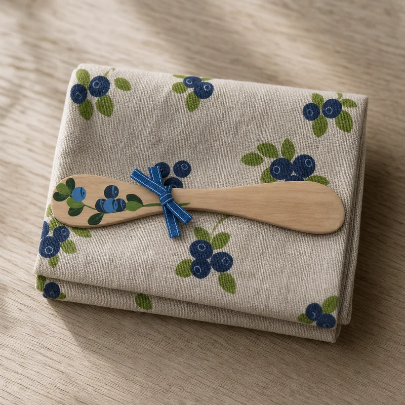 "Blueberry" tea towel ("27" x 19") w/ handpainted spreader Made in Sweden